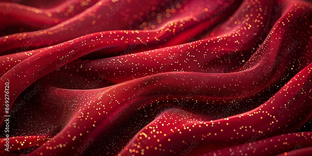 Luxurious Red Fabric with Glittering Gold Sparkles in Flowing Wave Pattern Luxurious Red Fabric with Glittering Gold Sparkles in Flowing Wave Pattern