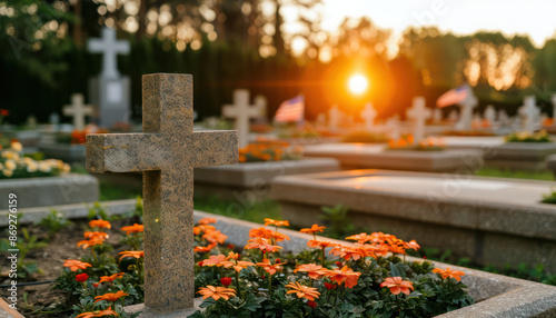 Veterans solemn duty of placing flags on graves for Memorial Day Honoring fallen heroes with a tribute of respect and remembrance in a peaceful cemetery at sunrise