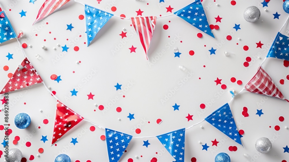 Obraz premium American themed bunting flags with colorful confetti patriotic white arranged bright holiday fireworks celebration