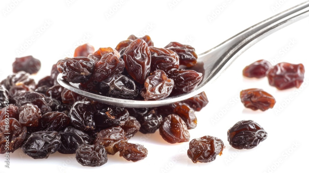A spoonful of raisins sits atop a large pile of dried fruit A spoonful of raisins sits atop a large pile of dried fruit