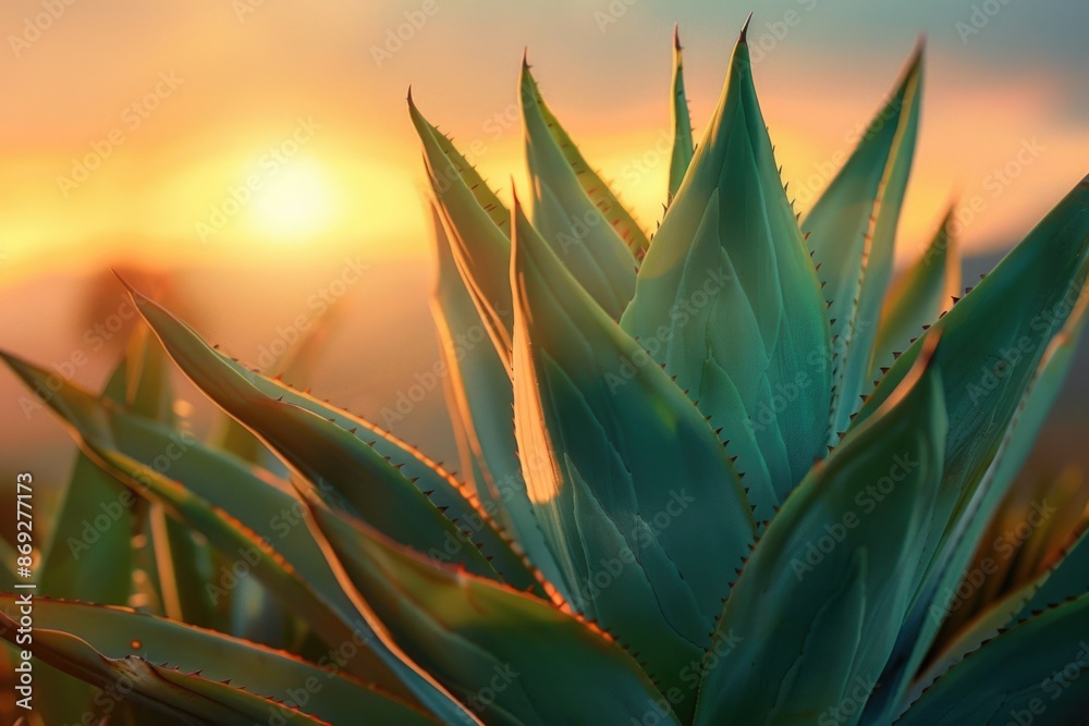 Obraz premium A close-up view of a plant with a vibrant sunset in the background