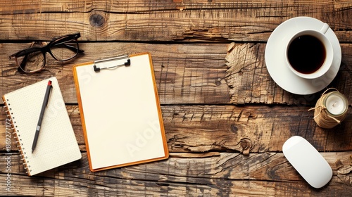 Office desk - Top view of brown wooden office table with cup of coffee,glasses,pencil and notepad. working office space. objects on the table. office working and business concept