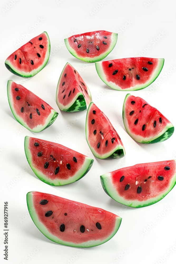 Fresh watermelon slices arranged on a clean white surface, ready for snacking or serving Fresh watermelon slices arranged on a clean white surface, ready for snacking or serving