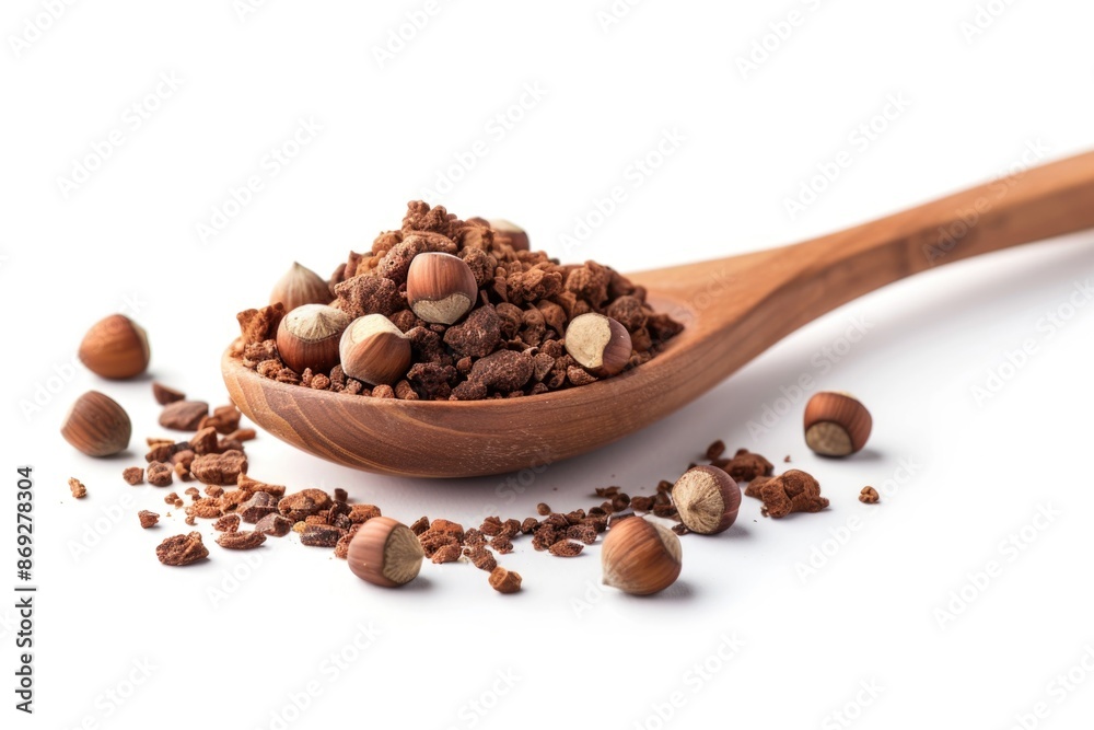 A wooden spoon filled with various nuts on a clean white surface A wooden spoon filled with various nuts on a clean white surface