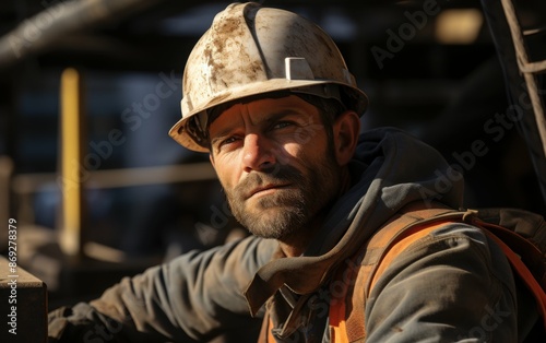 A construction worker in a safety helmet and vest looks directly at the camera. He is working on a construction site during the day