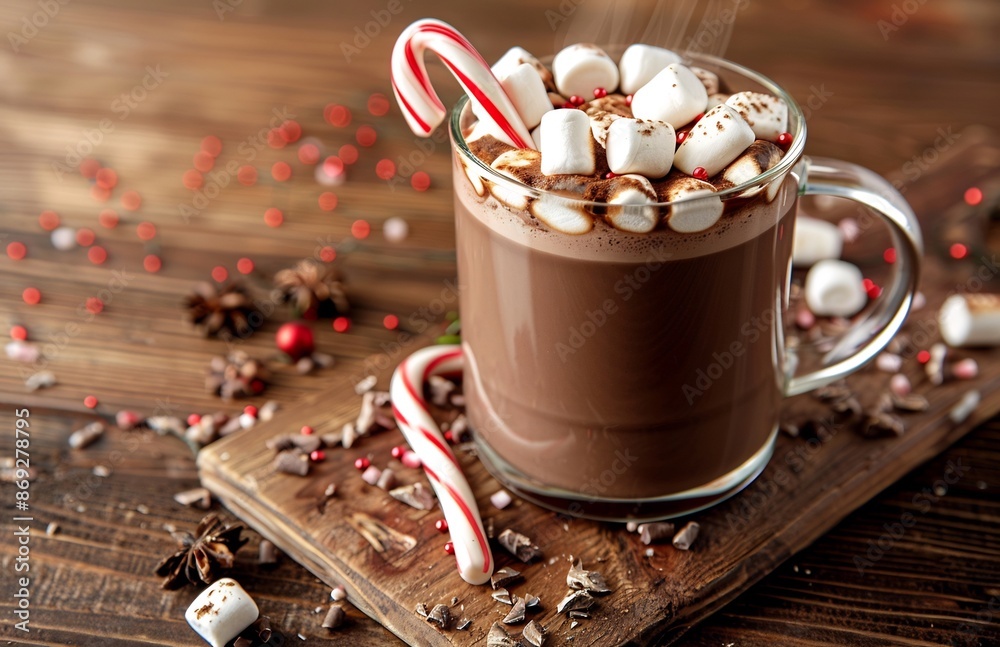 Hot Chocolate with Marshmallows and Candy Cane on Wood Hot Chocolate with Marshmallows and Candy Cane on Wood