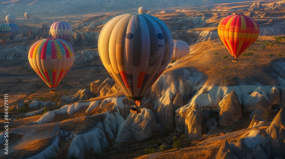 Obraz premium A fleet of colorful hot air balloons gliding over the rugged terrain and ancient cave dwellings of Cappadocia. full ultra hd high resolution stunning crisp vivid detailed high-contrast 