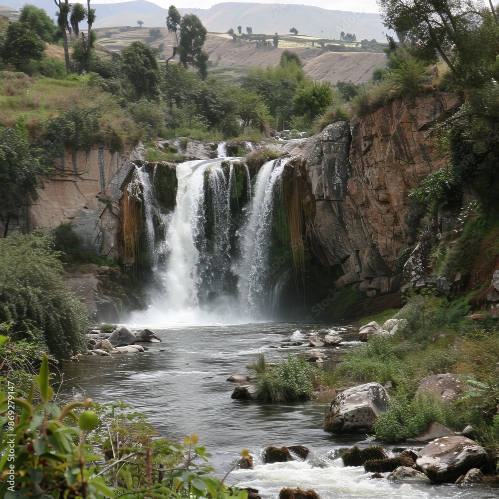 Fototapeta premium Waterfall in Lush Green Valley