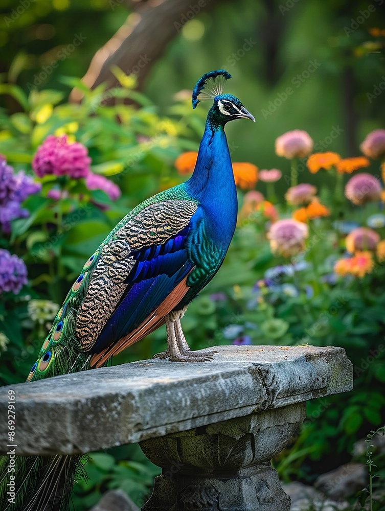 Obraz premium Majestic Peacock Posing on Stone Bench in Vibrant Garden