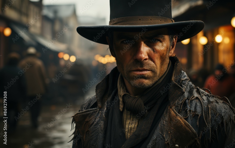 A rugged cowboy stands in a dimly lit Wild West town, his eyes fixed on a point beyond the camera, suggesting a confrontation or duel is imminent A rugged cowboy stands in a dimly lit Wild West town, his eyes fixed on a point beyond the camera, suggesting a confrontation or duel is imminent