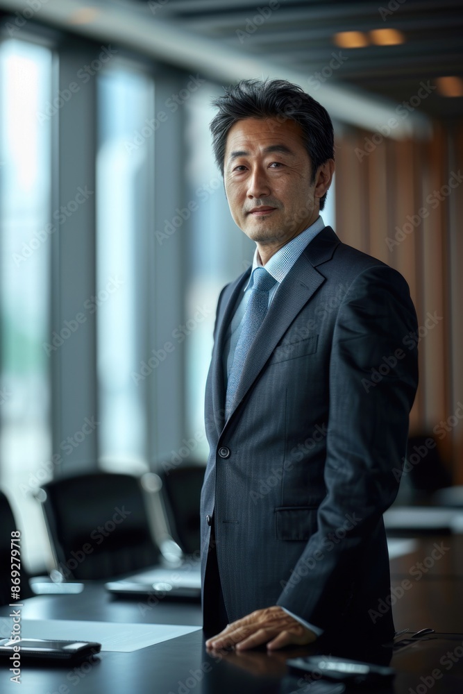Fototapeta premium Portrait half-body of a Japanese professional presenting a business plan in a modern boardroom, hyper-realistic, high detail, photorealistic