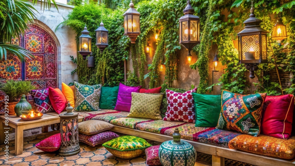 Fototapeta premium Vibrant Bohemian-inspired balcony with plush textiles, lanterns, and lush greenery, evoking a serene and intimate outdoor retreat atmosphere.