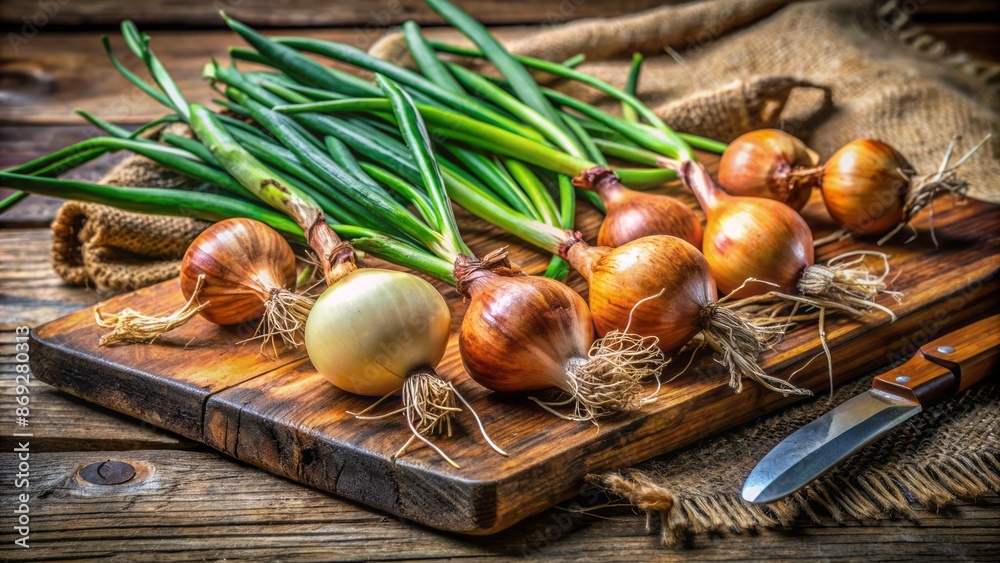 Freshly cut organic onion bulbs with vibrant green shoots and dry papery skin on rustic wooden cutting board background. Freshly cut organic onion bulbs with vibrant green shoots and dry papery skin on rustic wooden cutting board background.