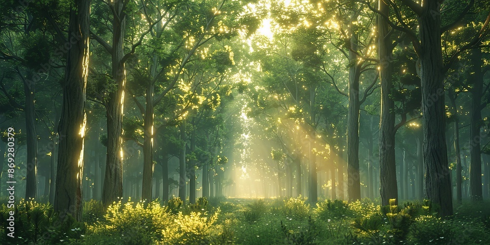 Fototapeta premium Sunlit Forest with Tall Trees and Lush Greenery in Serene Air