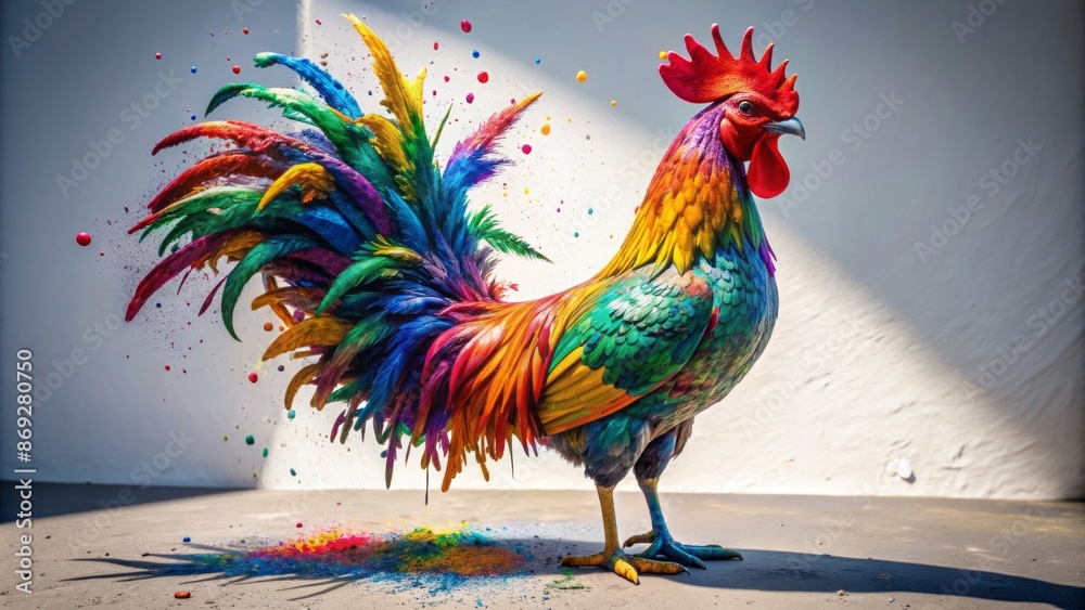 Fototapeta premium Vibrant rooster statue covered in rainbow-colored splattered paint set against stark white backdrop with subtle shadows and texture.