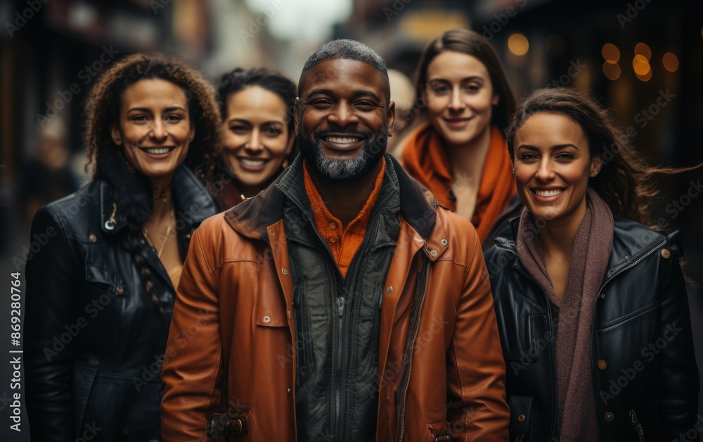 Stylish friends in fashionable attire stand on a city street smiling happily, showing confidence and enjoying their time together Stylish friends in fashionable attire stand on a city street smiling happily, showing confidence and enjoying their time together