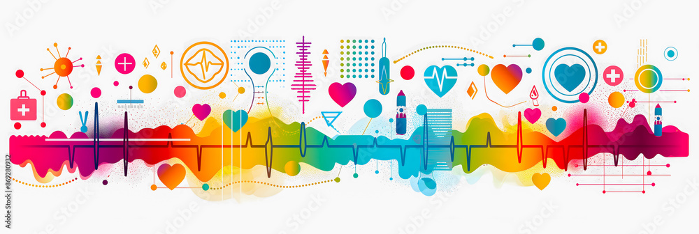 A bright and colorful illustration depicting a heart and its rhythms on a white background. The concept of health care, honeydew and heart muscle diseases. The banner A bright and colorful illustration depicting a heart and its rhythms on a white background. The concept of health care, honeydew and heart muscle diseases. The banner