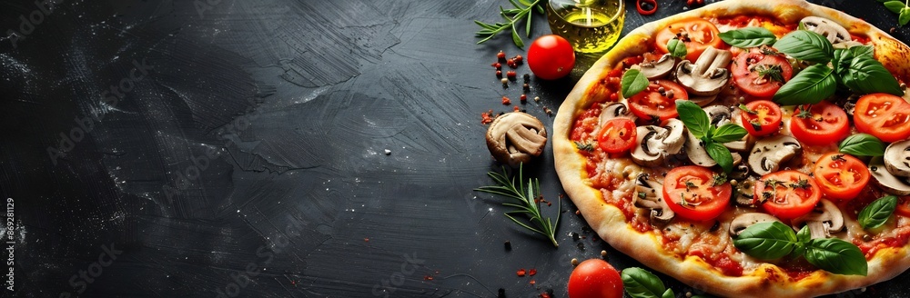 Mushroom and Tomato Pizza with Basil and Mozzarella Cheese Mushroom and Tomato Pizza with Basil and Mozzarella Cheese