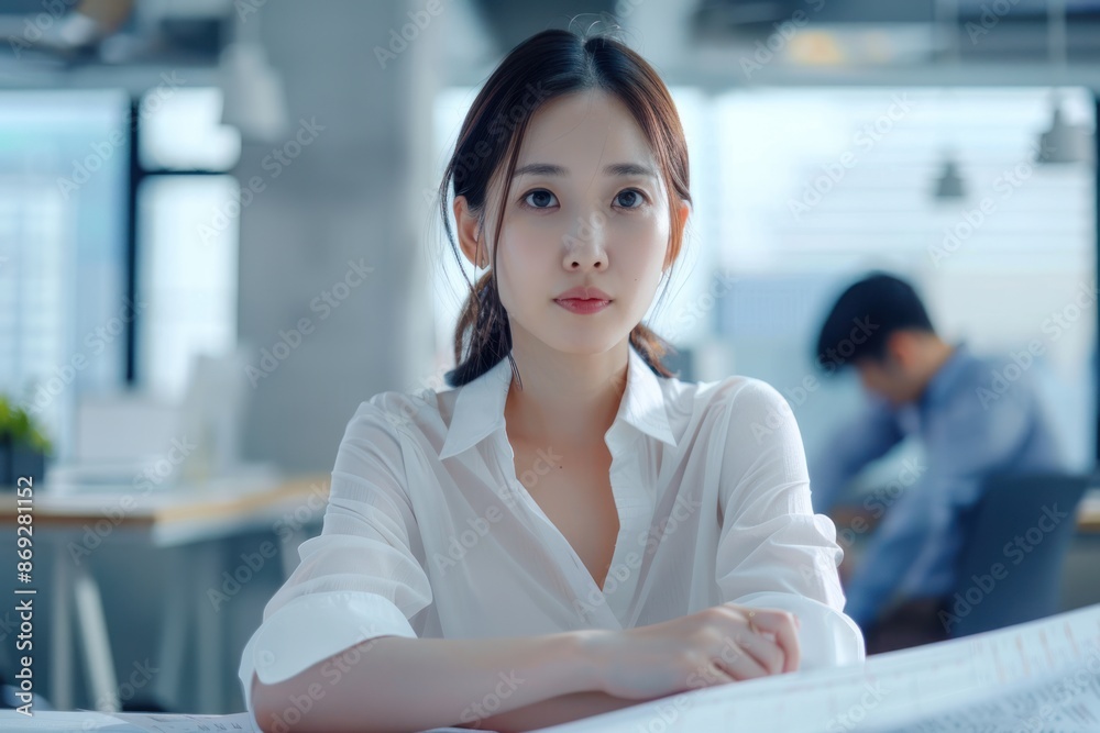 Portrait half-body of a Japanese businesswoman planning an advertising campaign in a modern office, hyper-realistic, high detail, photorealistic Portrait half-body of a Japanese businesswoman planning an advertising campaign in a modern office, hyper-realistic, high detail, photorealistic