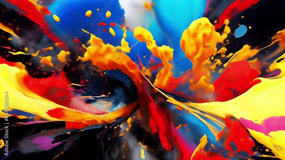 Dynamic abstract explosion of oil paint in vibrant colors and shapes on a dark motion background