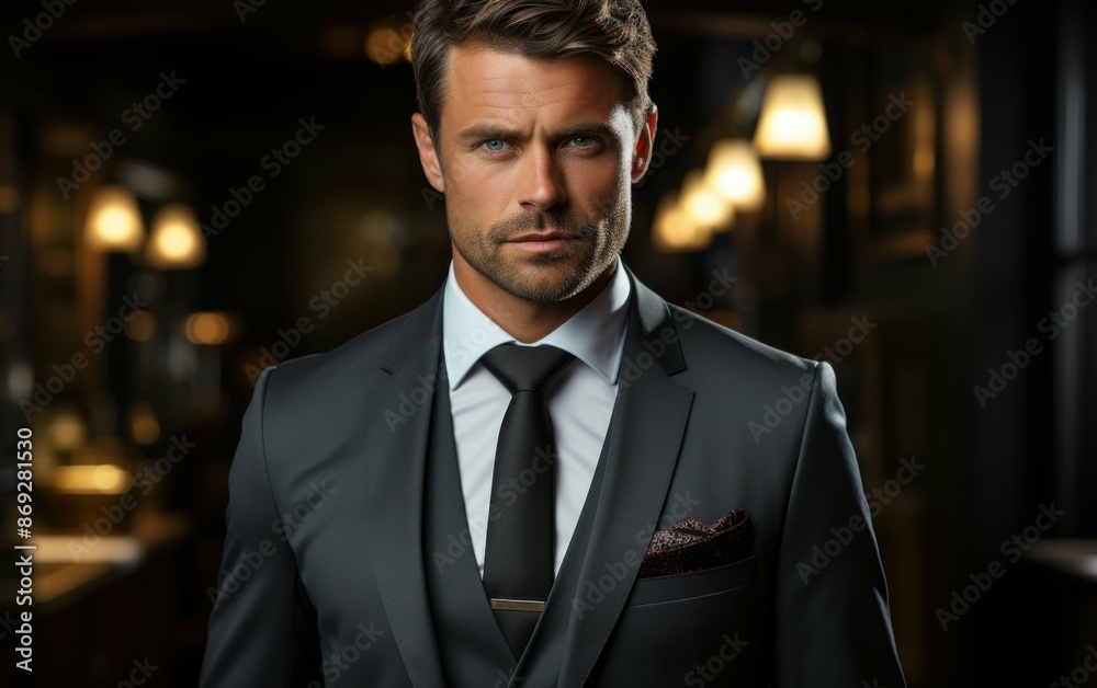A man in a sharp, tailored suit and tie stands confidently in a dimly lit room A man in a sharp, tailored suit and tie stands confidently in a dimly lit room