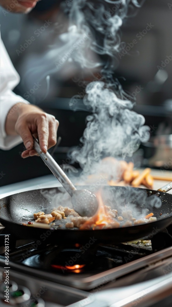 A chef stirs food in a hot wok, flames and smoke billowing from the pan, a testament to their culinary expertise A chef stirs food in a hot wok, flames and smoke billowing from the pan, a testament to their culinary expertise