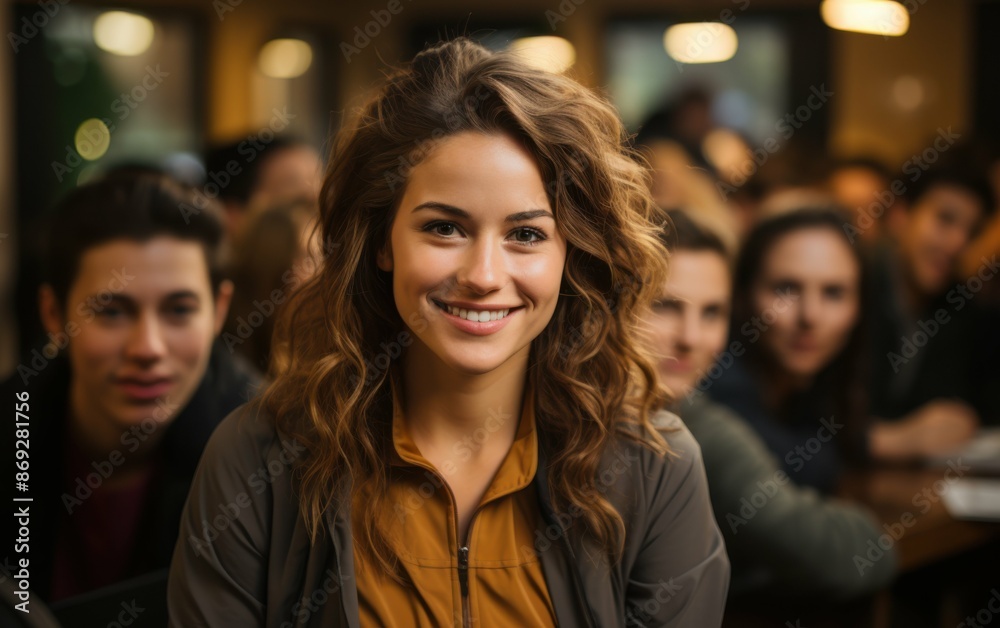 Obraz premium A young woman with long, curly brown hair smiles confidently at her audience as she presents a business training session