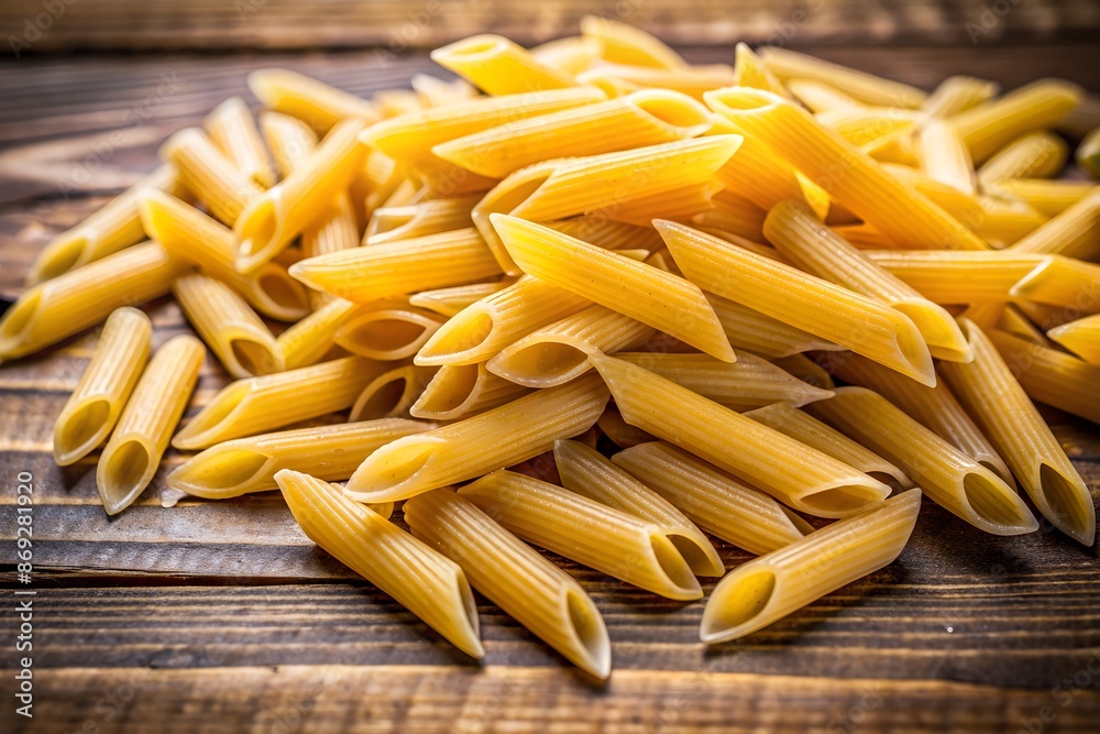 Close-up photo of vibrant uncooked penne pasta on a wooden table creates a textured Italian food background, perfect for text insertion in the image. Copy space image Close-up photo of vibrant uncooked penne pasta on a wooden table creates a textured Italian food background, perfect for text insertion in the image. Copy space image