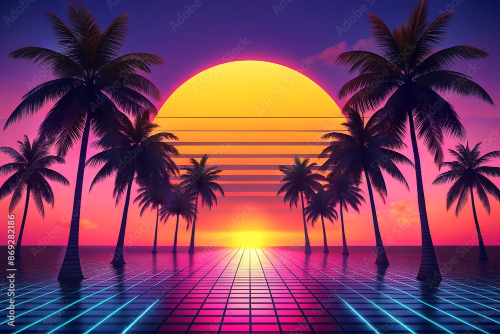 Naklejka premium 80s retro sunset, palm trees on both sides
