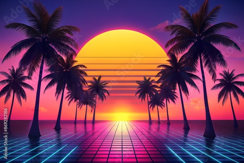 80s retro sunset, palm trees on both sides