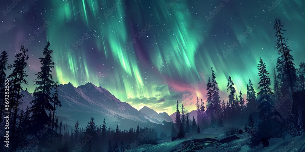 Northern Lights Over Snowy Mountain Landscape with Pine Trees Northern Lights Over Snowy Mountain Landscape with Pine Trees