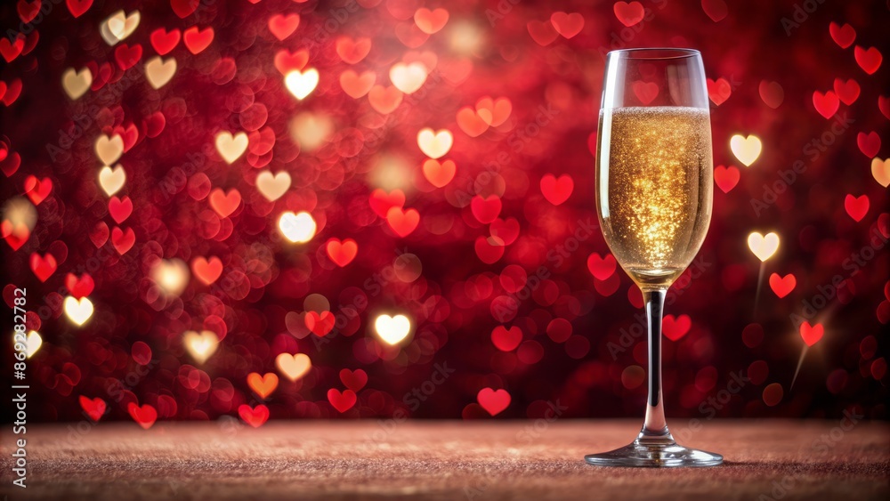 Elegant champagne flute filled with golden bubbly liquid stands on velvety red background amidst whimsical watercolor Valentine's Day cards. Elegant champagne flute filled with golden bubbly liquid stands on velvety red background amidst whimsical watercolor Valentine's Day cards.
