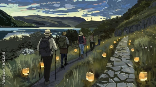 Serene Evening Hike Along a Lantern-Lit Mountain Path by the Lake