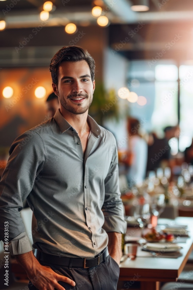 Portrait half-body of an American entrepreneur organizing a networking event, hyper-realistic, high detail, photorealistic