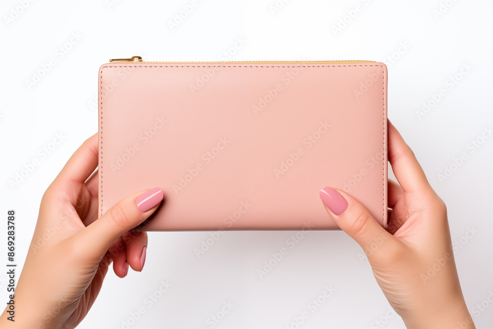 Obraz premium Woman person holding a pink wallet in the hand. Cost control expenses shopping in concept. Leave space to write descriptive text.