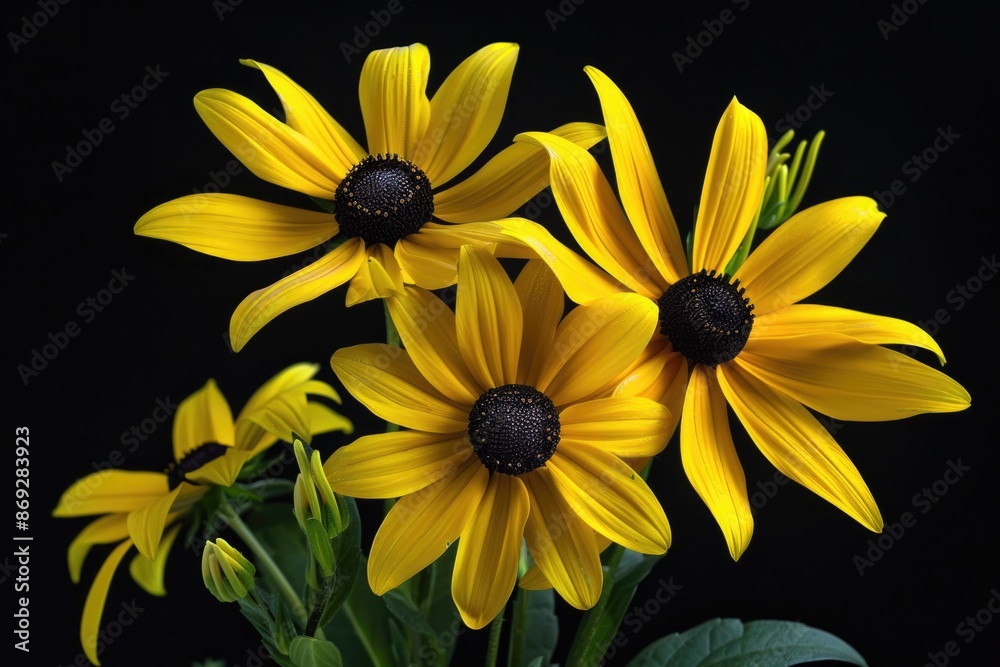 Obraz premium A bouquet of bright yellow flowers arranged in a decorative vase, suitable for decorating a room or using as a centerpiece