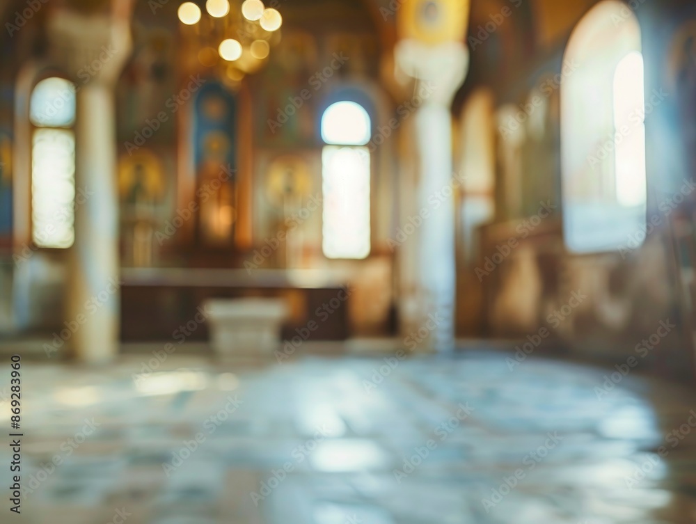Blurred ancient Byzantine temple interior with no people, classical interior, light colors, background, wallpaper Blurred ancient Byzantine temple interior with no people, classical interior, light colors, background, wallpaper