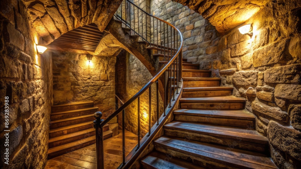 A dimly lit, eerily empty, steeply inclined stone staircase ascends into darkness, surrounded by aged, crumbling, moss-covered brick walls. A dimly lit, eerily empty, steeply inclined stone staircase ascends into darkness, surrounded by aged, crumbling, moss-covered brick walls.