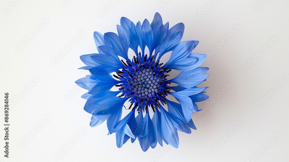 A single blue cornflower, shown from above with intricate petal details against a white background A single blue cornflower, shown from above with intricate petal details against a white background