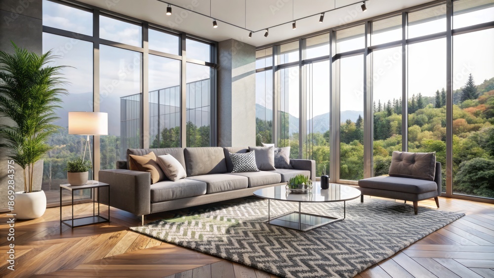 Modern minimalist living room with sleek gray sofa, floor-to-ceiling windows, and geometric-patterned rug, exuding calm and sophistication atmosphere. Modern minimalist living room with sleek gray sofa, floor-to-ceiling windows, and geometric-patterned rug, exuding calm and sophistication atmosphere.