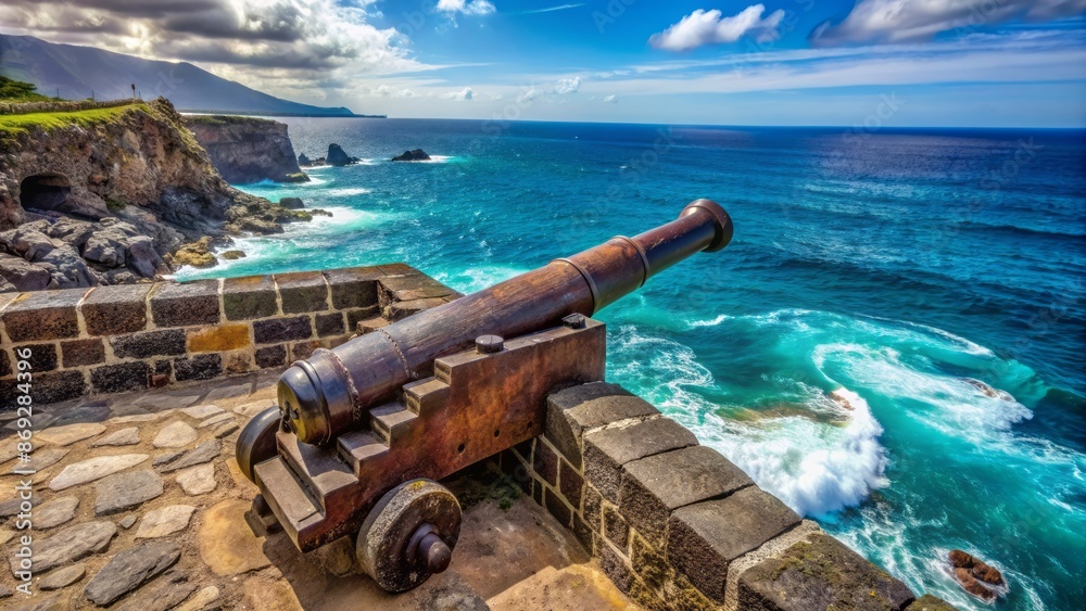Rusty ancient cannon stands guard on weathered stone fortification walls overlooking turquoise ocean on isolated La Palma island coastline. Rusty ancient cannon stands guard on weathered stone fortification walls overlooking turquoise ocean on isolated La Palma island coastline.