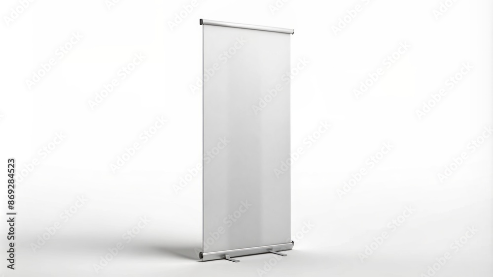 Modern sleek empty retractable roller banner stand isolated on white background with horizontal curve shape design concept. Modern sleek empty retractable roller banner stand isolated on white background with horizontal curve shape design concept.