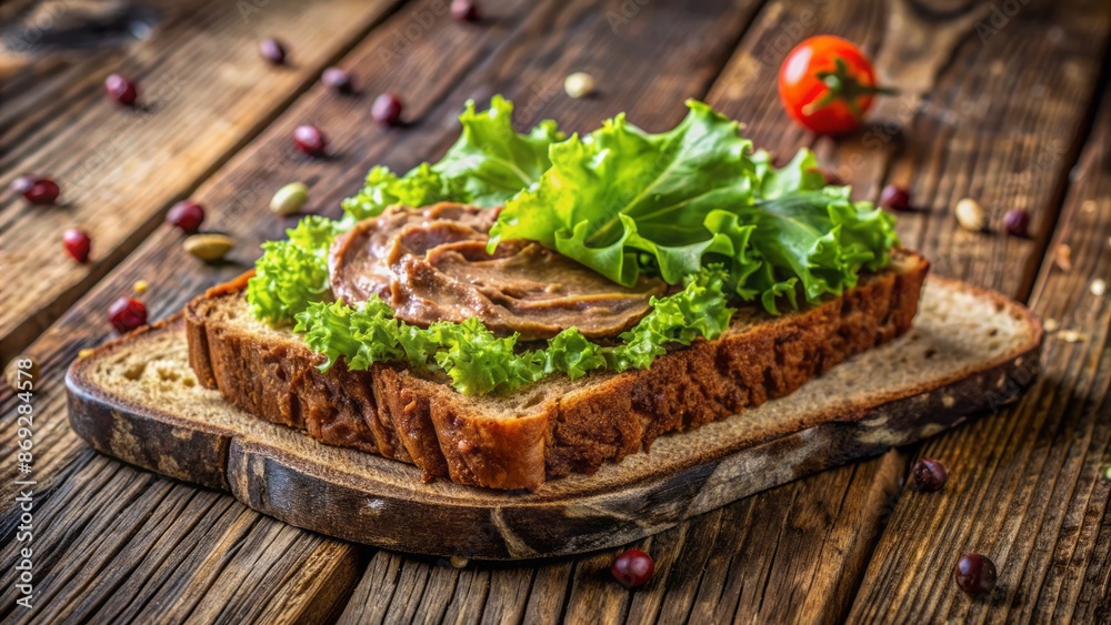 Darkly toasted bread slice topped with rich brown savory spread and crisp lettuce leaves on a rustic wooden table. Darkly toasted bread slice topped with rich brown savory spread and crisp lettuce leaves on a rustic wooden table.