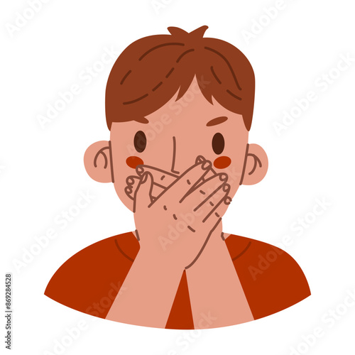 Boy covers mouth with hands. Gesture of silence. Man feels sick. World Hepatitis Day. Vector illustration isolated on transparent background.