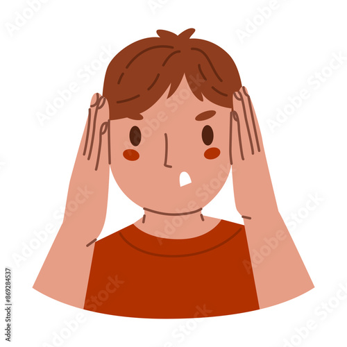Boy covers his ears with his hands. Gesture of unwillingness to hear. Refusal to listen to someone. World Hepatitis Day. Vector illustration isolated on transparent background.