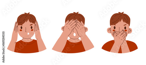 Boy covers his eyes, ears or mouth with his hands. Gesture of unwillingness to see, hear or speak. Refusal to delve into the problem. World Hepatitis Day. Vector illustration