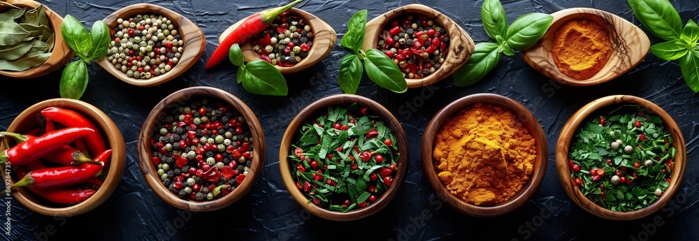 Red Peppercorns, Black Peppercorns, Green Peppercorns, Chili Peppers, Bay Leaves, Basil Leaves, Wooden Bowls Red Peppercorns, Black Peppercorns, Green Peppercorns, Chili Peppers, Bay Leaves, Basil Leaves, Wooden Bowls
