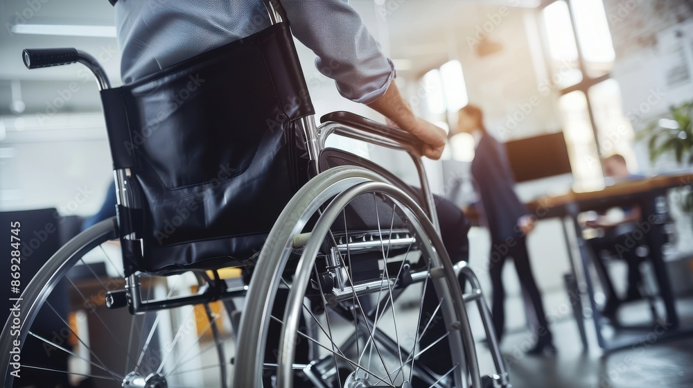 A man in a wheelchair is sitting in a room with a few other people A man in a wheelchair is sitting in a room with a few other people