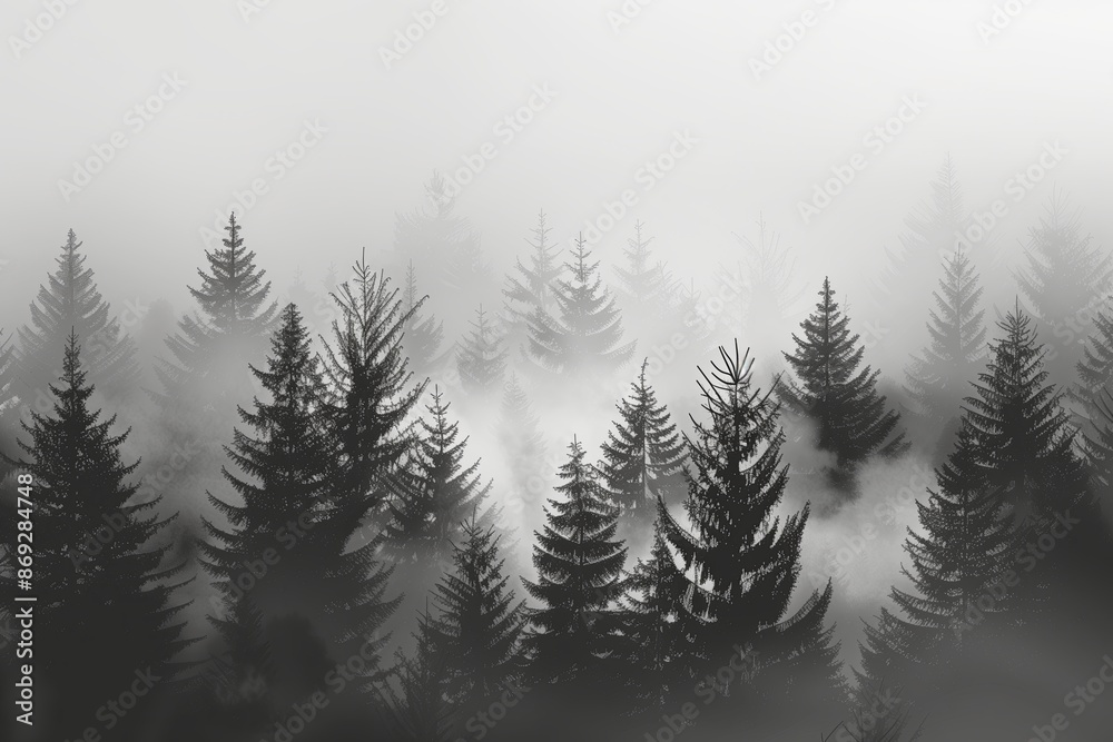 Obraz premium A foggy monochrome pine forest, illustrated in a flat style, tall trees shrouded in mist, varying