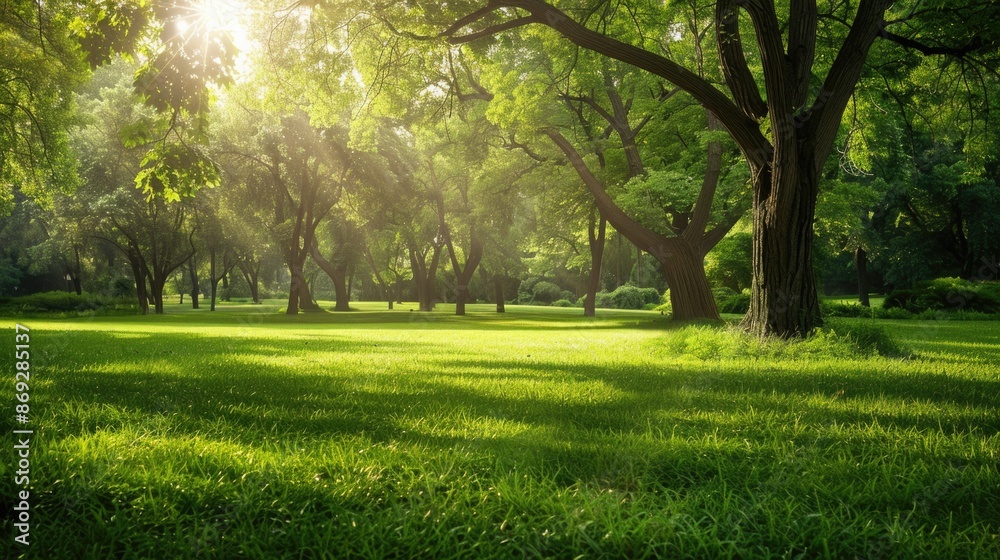 Park Grass Background. Trees in Summer Park with Green Grass Under Blue Sky Park Grass Background. Trees in Summer Park with Green Grass Under Blue Sky